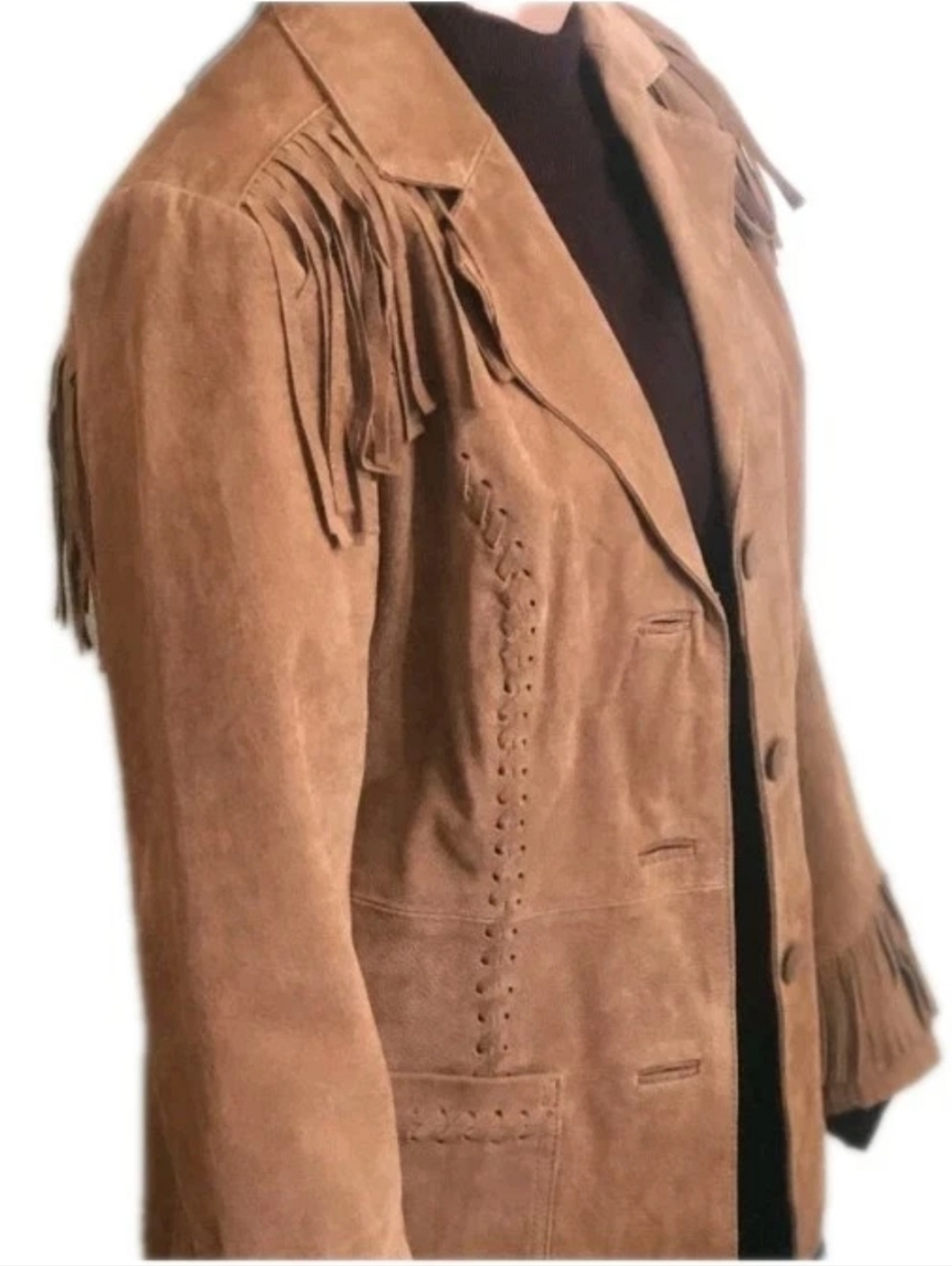 Vtg Western Fringed Jacket Sz Small Brown Suede Leather 3 Button Rockabilly